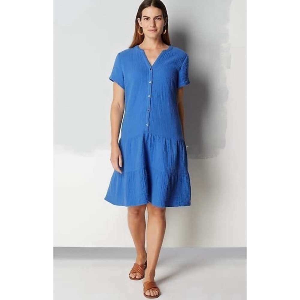 J. Jill Cotton Gauze Tiered Blue Dress, Size Medium Petite